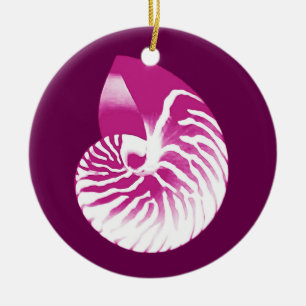 Nautilus shell - eggplant purple and white ceramic ornament