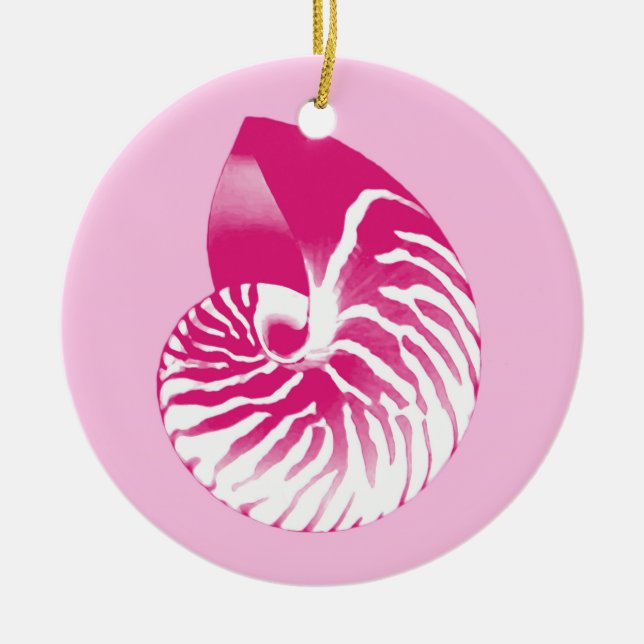 Nautilus shell - fuchsia pink and white ceramic tree decoration (Front)