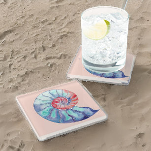Nautilus Shell in Coral Blue Gray on Light Peach Glass Coaster