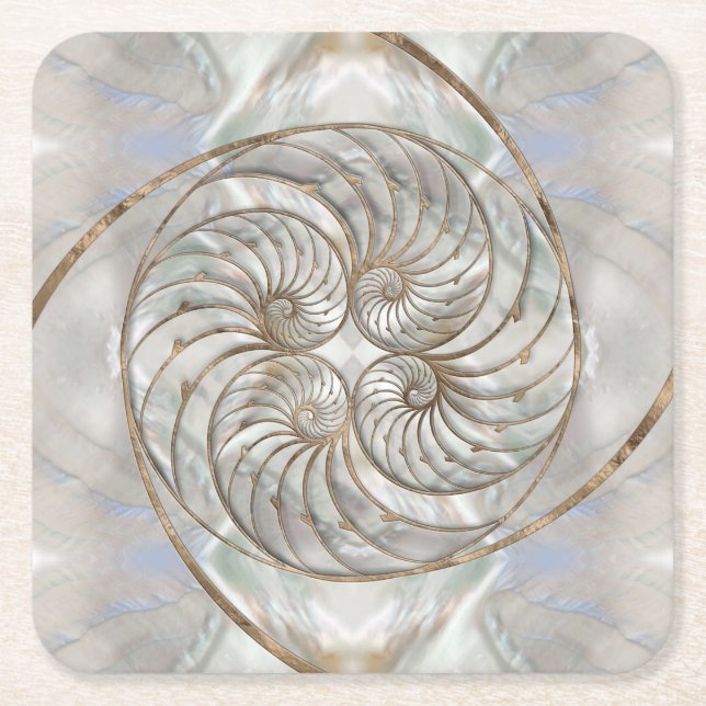 Nautilus Shell - Mother of Pearl and gold Square Paper Coaster (Front)