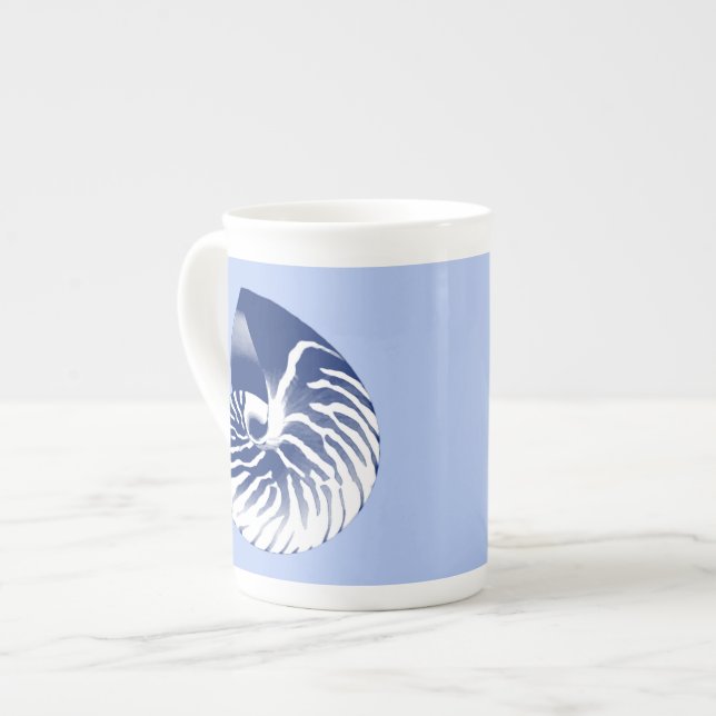Nautilus shell - navy, white & light blue bone china mug (Front Left)