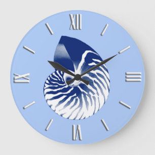 Nautilus shell - navy, white & light blue large clock