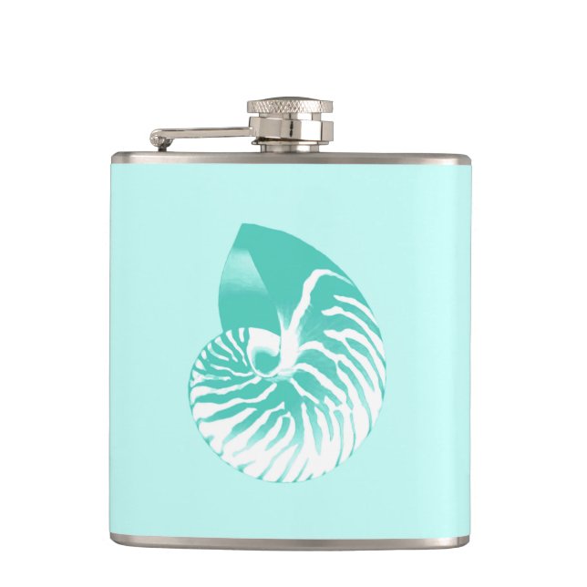 Nautilus shell - turquoise, aqua and white hip flask (Front)