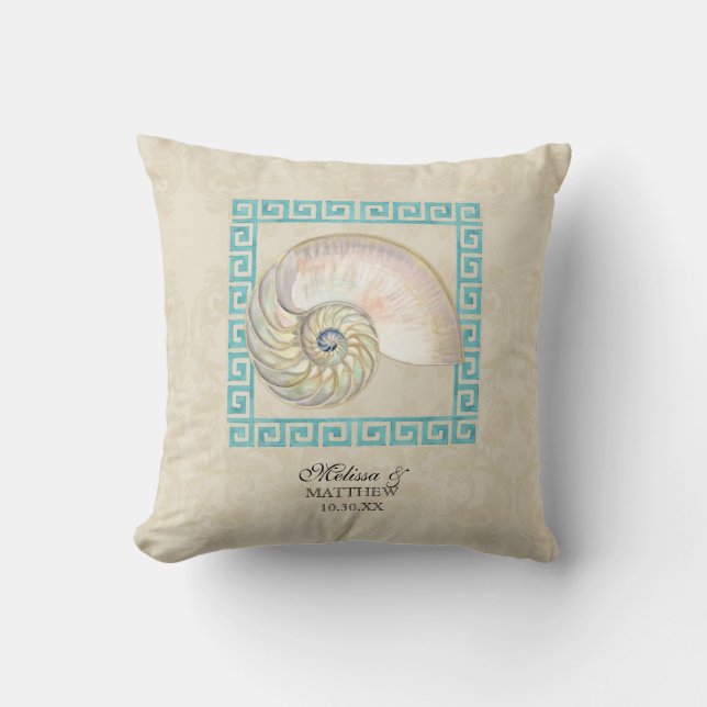 Nautilus Shell Watercolor Greek Key Damask Beach Cushion (Front)