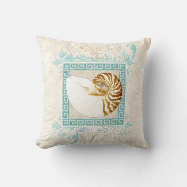 Nautilus Shell Watercolor Greek Key Damask Beach Cushion (Front)