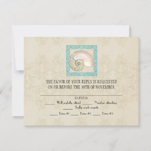 Nautilus Shell Watercolor Greek Key Damask Beach RSVP Card