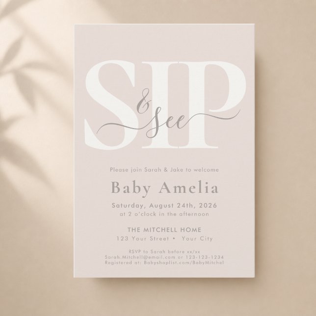 Nautral Taupe Simple Script Boho Sip And See Invitation (Creator Uploaded)