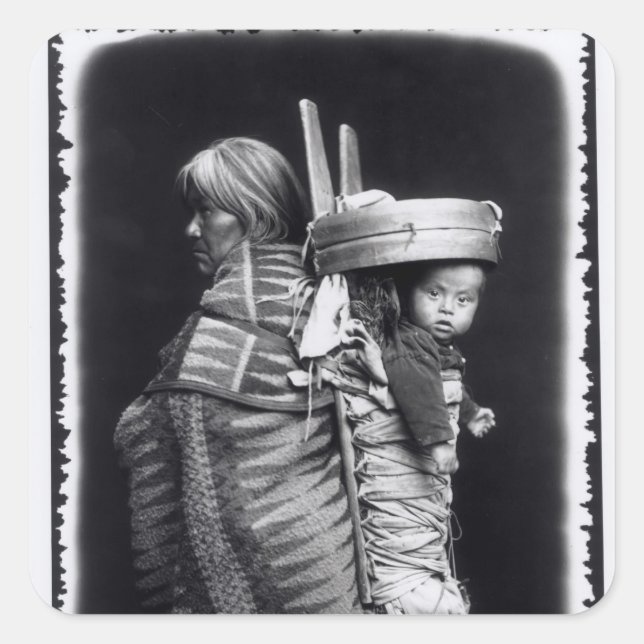 Navaho woman carrying a papoose on her back square sticker (Front)