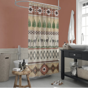 Navajo Blanket Pattern Mountain Rustic Lodge Deer Shower Curtain
