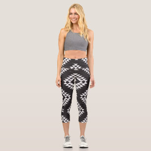 Navajo Geometric: Black White Tribal. Capri Leggings