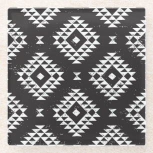Navajo Geometric: Black White Tribal. Glass Coaster