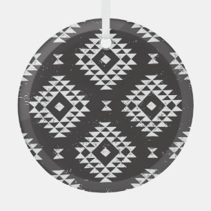Navajo Geometric: Black White Tribal. Glass Tree Decoration