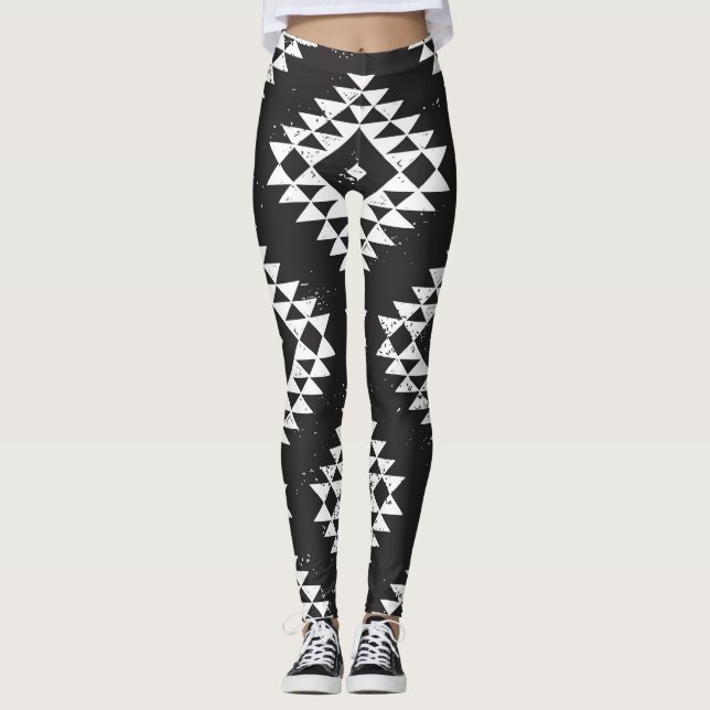 Navajo Geometric: Black White Tribal. Leggings (Front)