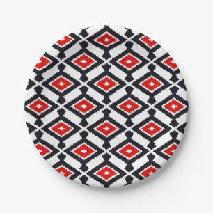 Navajo Ikat Pattern - Dark Red, Black and White Paper Plate