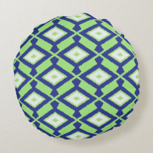 Navajo Ikat Pattern - Green, Indigo Blue and White Round Cushion