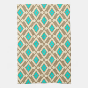 Navajo Ikat Pattern - Turquoise, Taupe and Beige Tea Towel