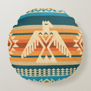 Navajo style abstract seamless pattern with eagle round cushion