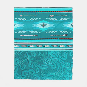 Navajo Tribal Turquoise Faux Leather Tool Fleece Blanket