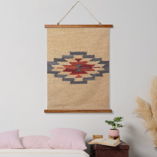Navajo Weave Print, Wheat, Blue and Red Hanging Tapestry