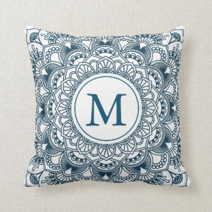 Navi blue floral mandala monogram cushion