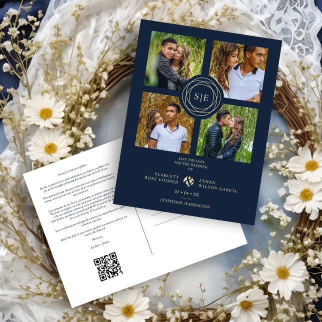 Navi Blue & Gold Minimal Initials Simple 4 Photos Postcard (Navy Blue & Faux Gold Minimal Initials Wedding Fancy 4 Multi Photos Collage Save the Date Postcard.)