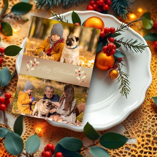 Navidades Botánico Holly Thamed Photo Script (Christmas Botanical Holly Branches Themed 2 Photos Script Holidays Cards.)