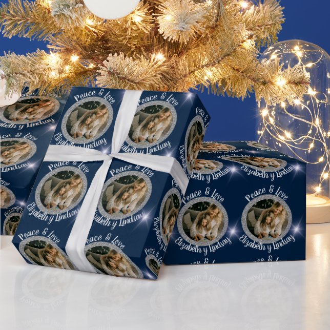 Navidades Photo Round Silver y Stars Blue Wrapping Paper (Holidays)