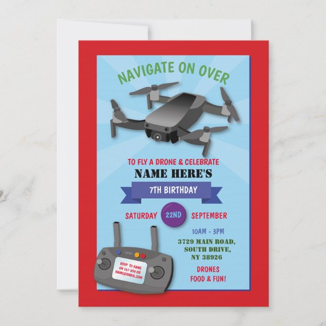 Navigate Drone Birthday Party Fly over Red Blue Invitation (Front)