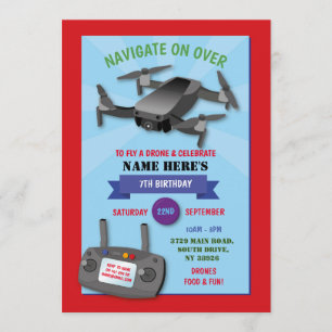 Navigate Drone Birthday Party Fly over Red Blue Invitation