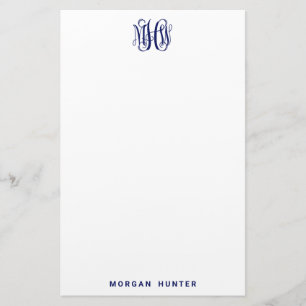 Navy 3 Initial Vine Script Monogram DIY BG Stationery