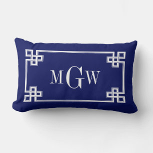 Navy 5c Blue Wht Greek Key #3 Framed Monogram Lumbar Cushion