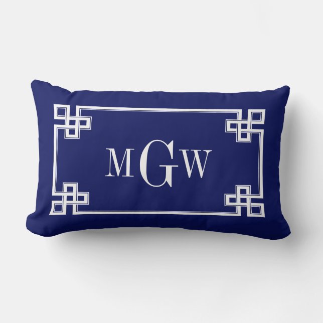 Navy 5c Blue Wht Greek Key #3 Framed Monogram Lumbar Cushion (Front)