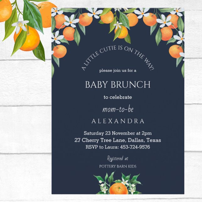 Navy A Litte Cutie Orange Citrus Baby Brunch  Invitation (Creator Uploaded)