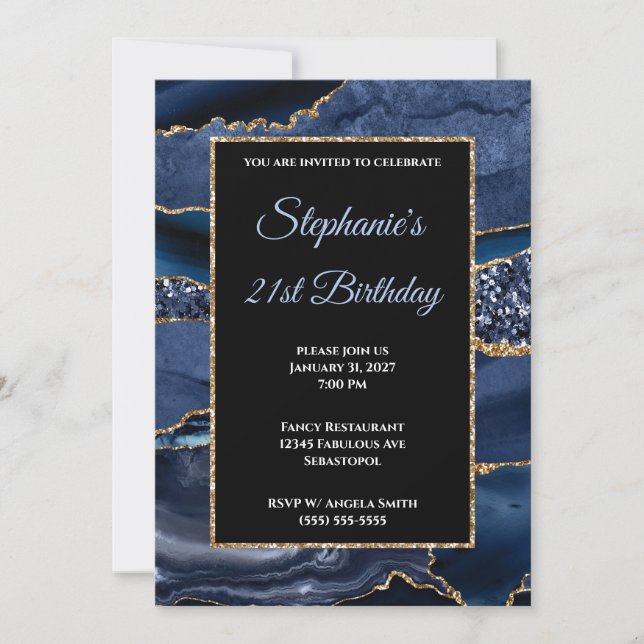 Navy Agate Gold Glitter Glam 21st Birthday Invitation (Front)