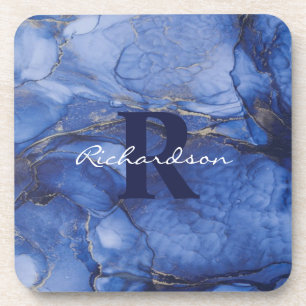 Navy Agate Monogram and Name Marble Luxury Coaster