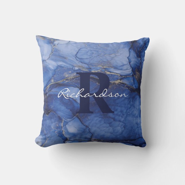 Navy Agate Monogram and Name Marble Luxury  Cushion (Front)
