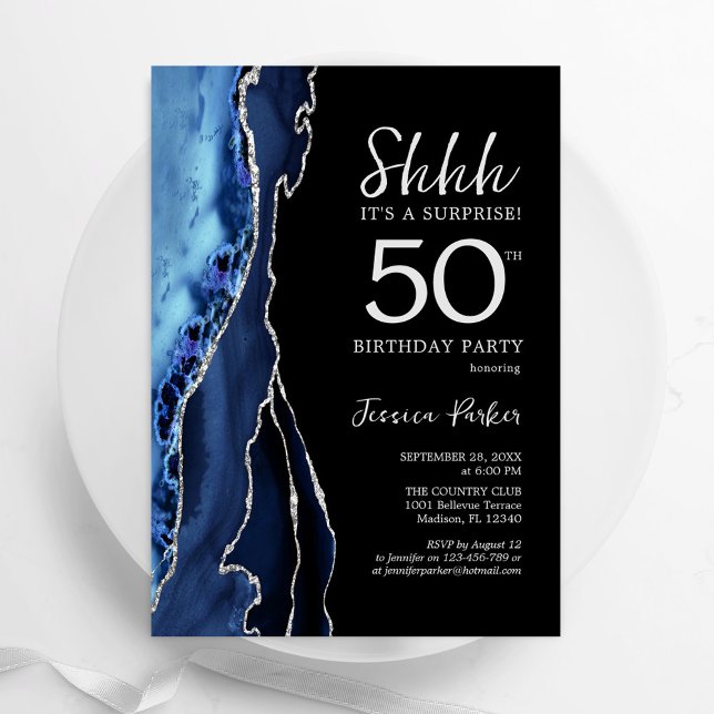 Navy Agate Silver Black Surprise 50th Birthday Invitation (Creator Uploaded)