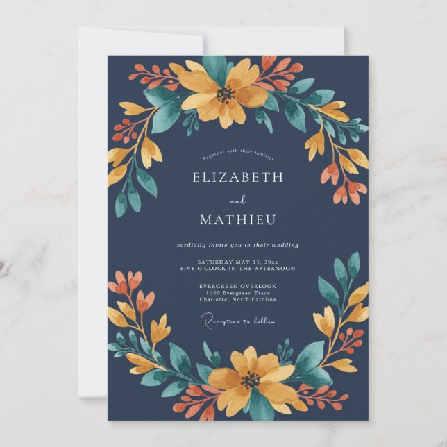 Navy Amber Watercolor Wedding Invitation (Front)