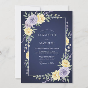 Navy Amethyst Botanical Wedding Invitation