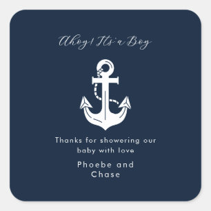 Navy Anchor Couple Name Favour Baby Shower Square Sticker