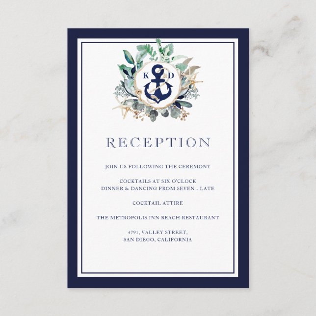 Navy Anchor Elegant Greenery Wreath Reception Enclosure Card (Front)