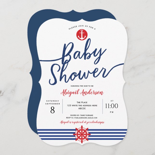 Navy, Anchor, Modern, Nautical Theme, Baby Shower Invitation (Front/Back)