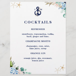 Navy Anchor Monogram Beach Wedding Cocktail Menu
