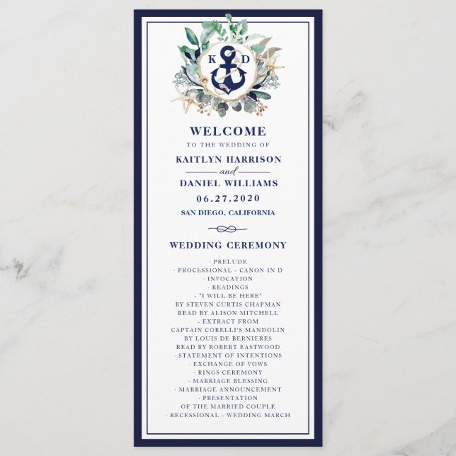 Navy Anchor Monogram Greenery Wreath Wedding Program (Front)