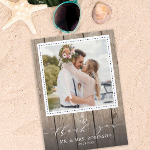 Navy Anchor Nautical Rustic Wood Wedding Photo Thank You Card