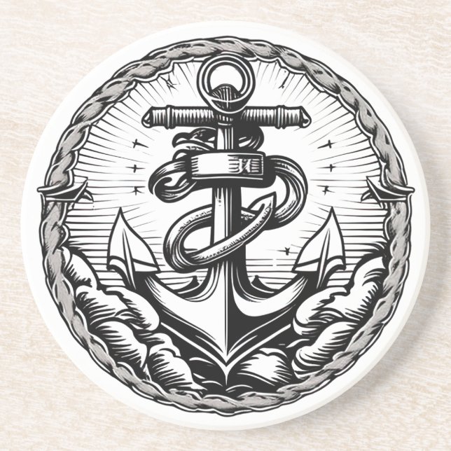 Navy Anchor Nautical Sandstone Coaster (Front)