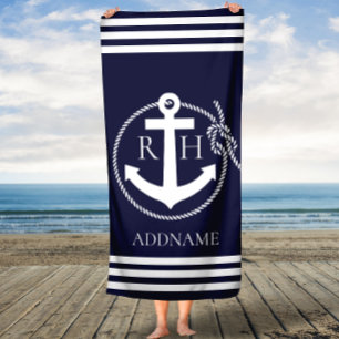 Navy Anchor Personalized Monogram Bath Towel