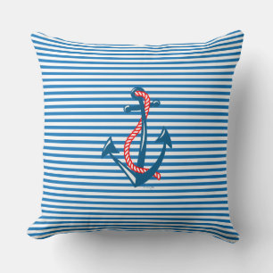 Navy Anchor, red Rope and blue Stripes Cushion