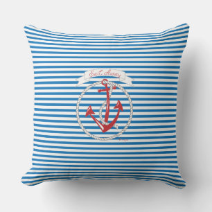 Navy Anchor, Red, Rope, Blue Stripes Throw Pillow