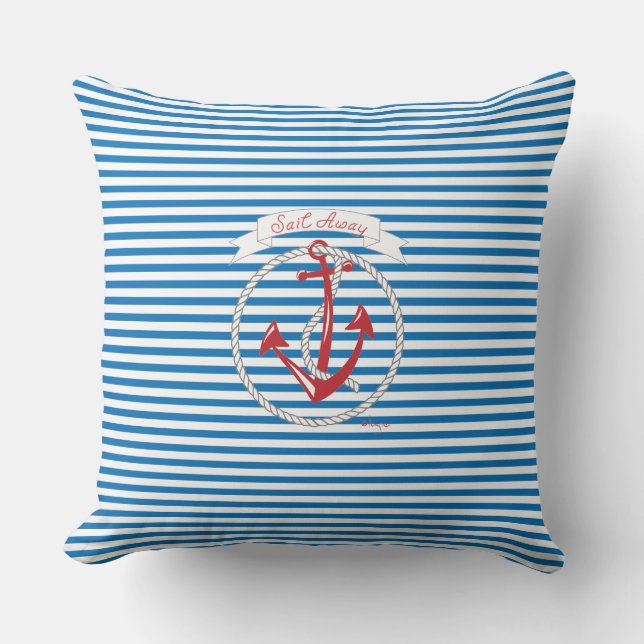 Navy Anchor, Red, Rope, Blue Stripes Throw Pillow (Front)